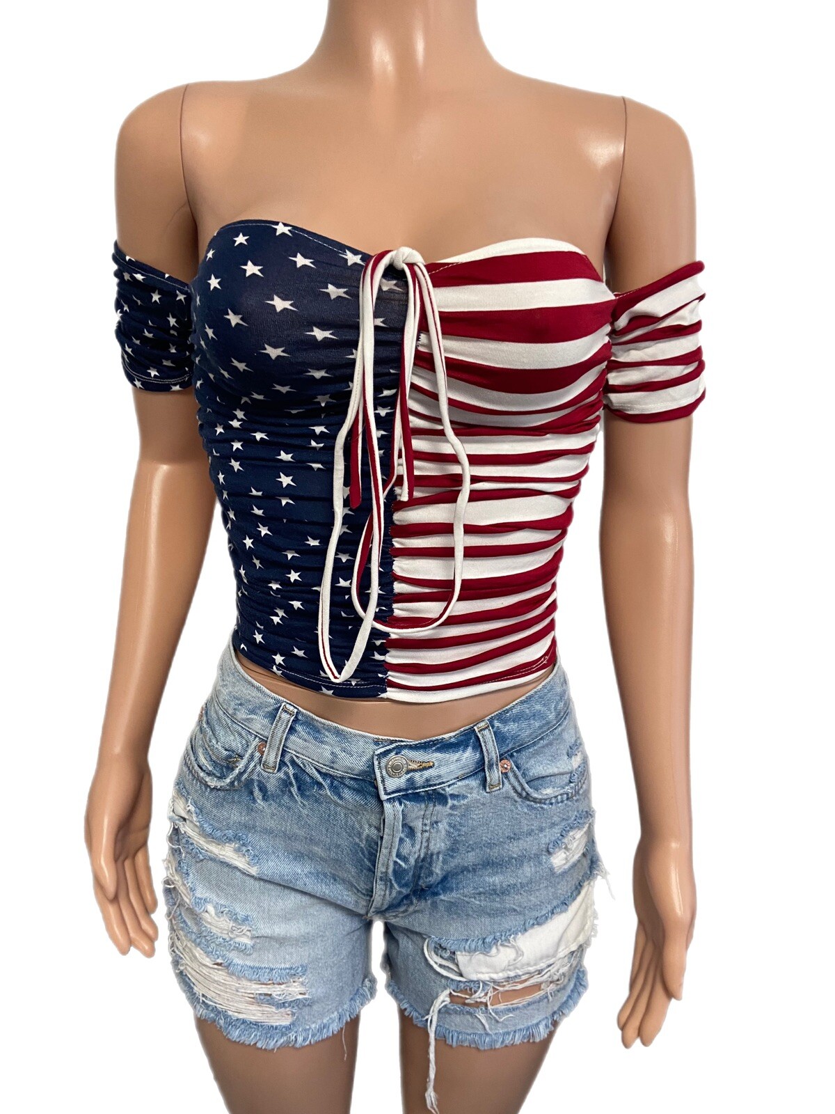 Stars Stripes American Flag USA Red White Blue Crop Top Patriotic Rave Festival