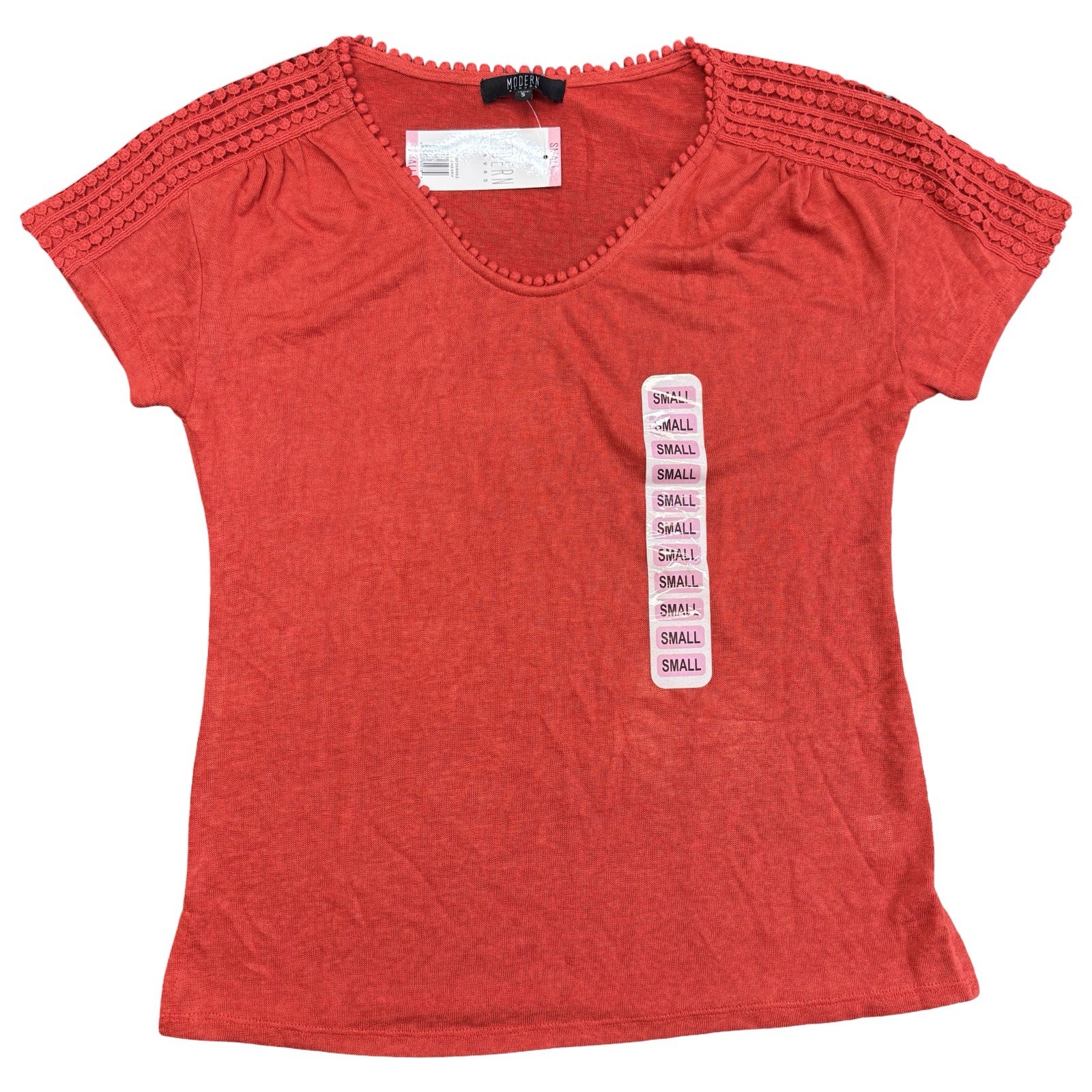WOMENS S MODERN CANVAS ROUND NECK EMBROIDERED SHORT SLEEVE TOP, RED