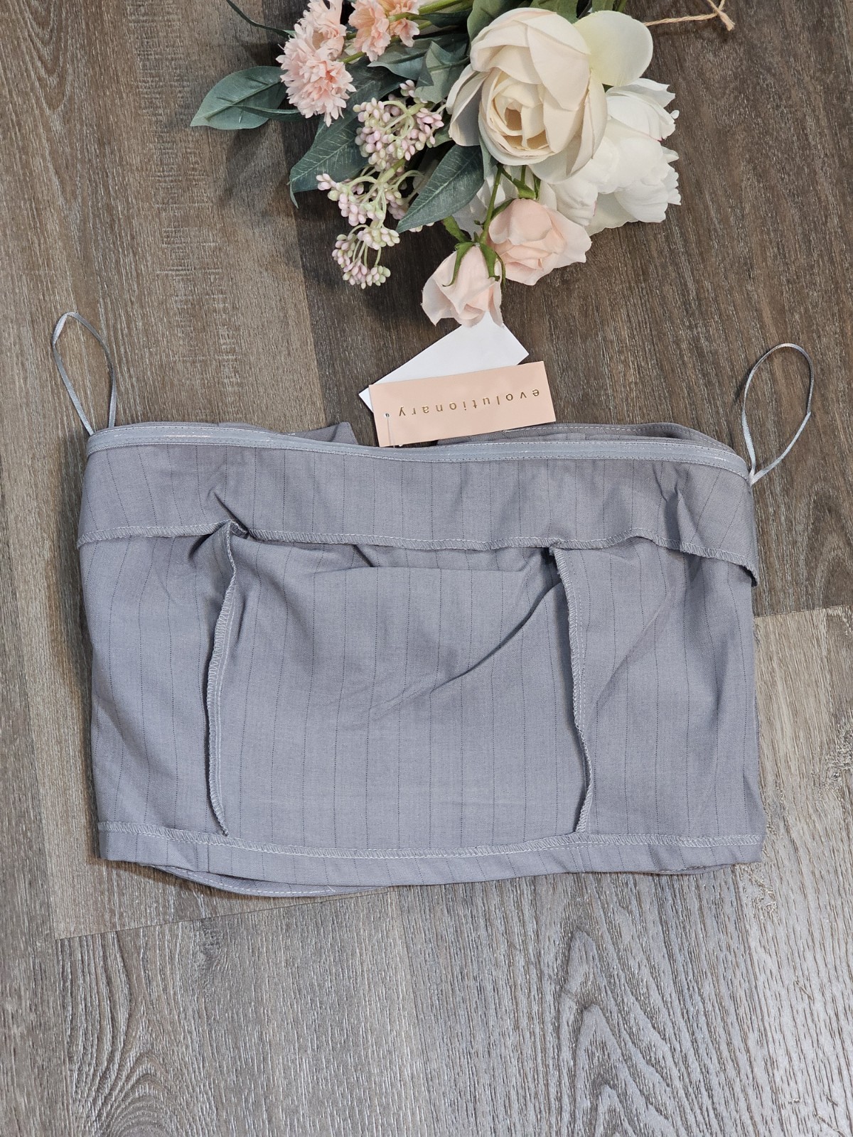 Evolutionary Juniors Grey Pinstripe Oversized Bow Strapless Tube Top Sz Large