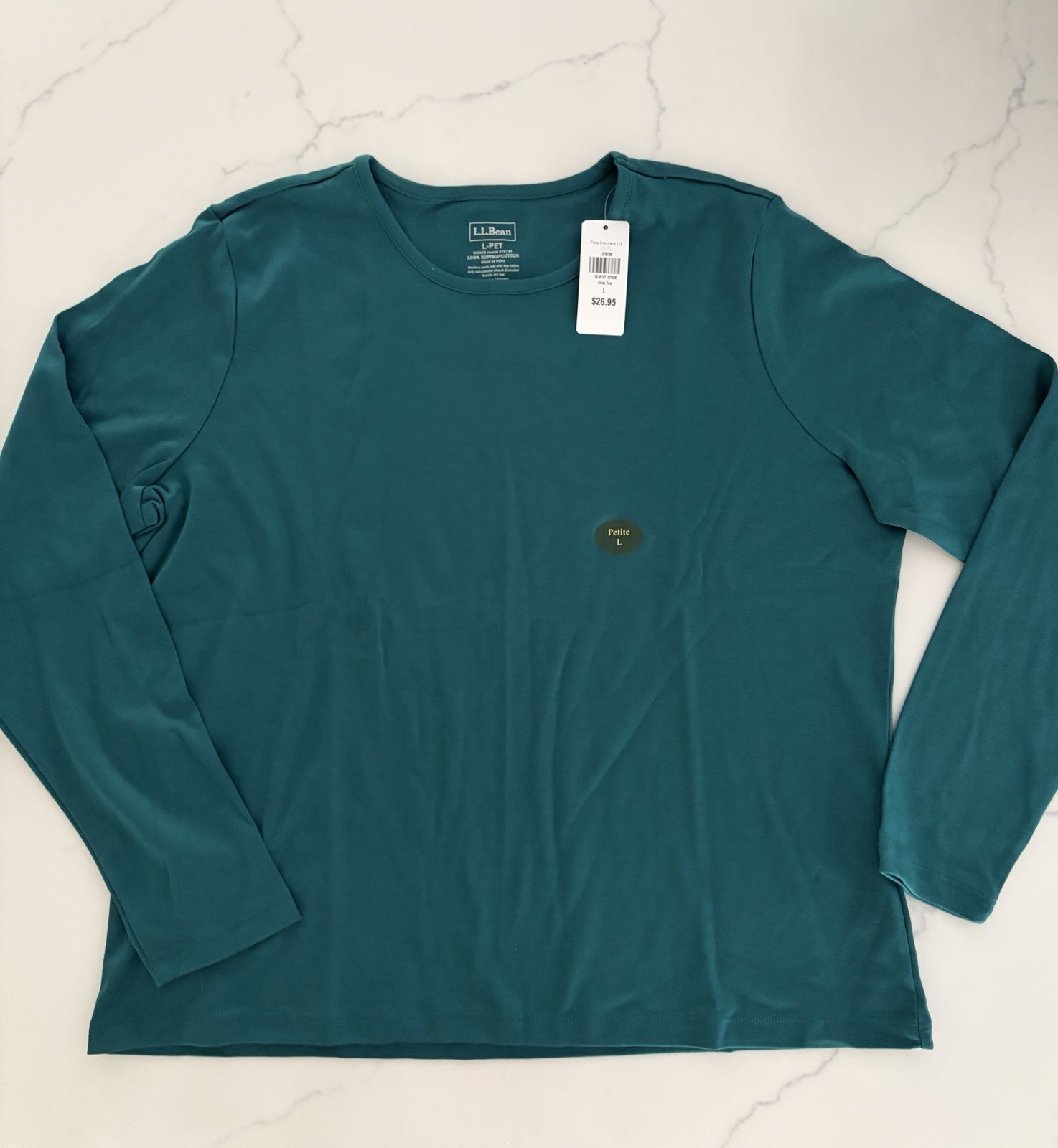 L.L.Bean L-PET Dark Teal WOMEN’S 100% Pima Cotton Crewneck NWT