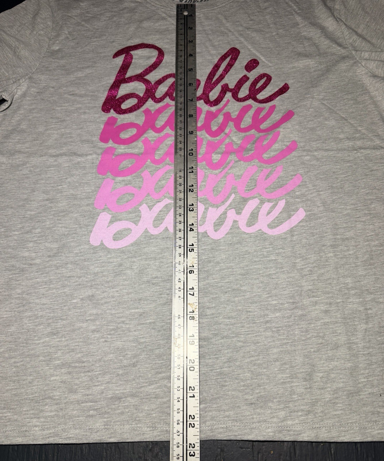 Barbie On Repeat T-Shirt Gray with PINK GLITTER Accents New Size Medium Women’s