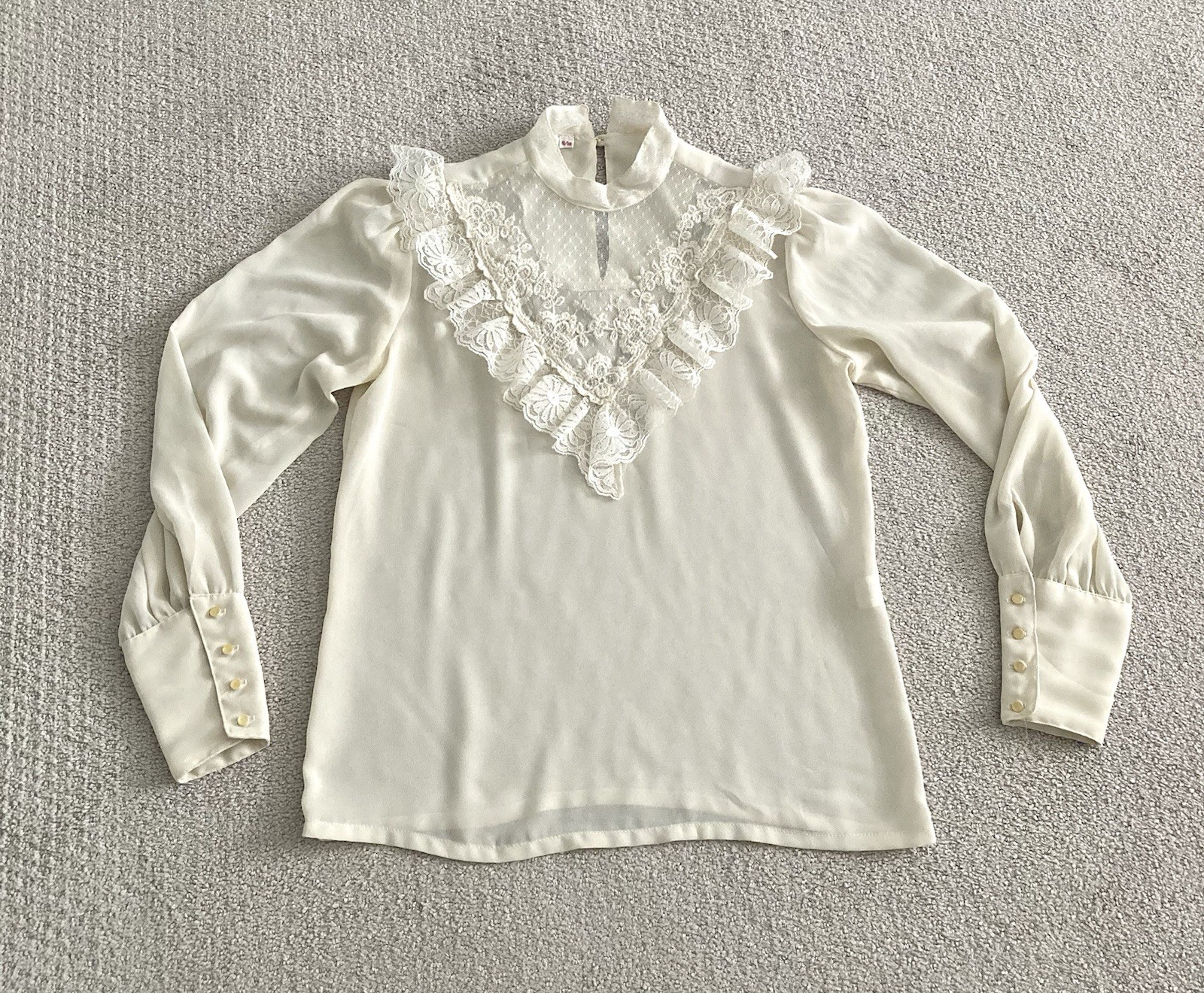 Vtg 80s Ivory Lace Blouse Victorian Revival Prairie Puff Sleeves Size 9/10