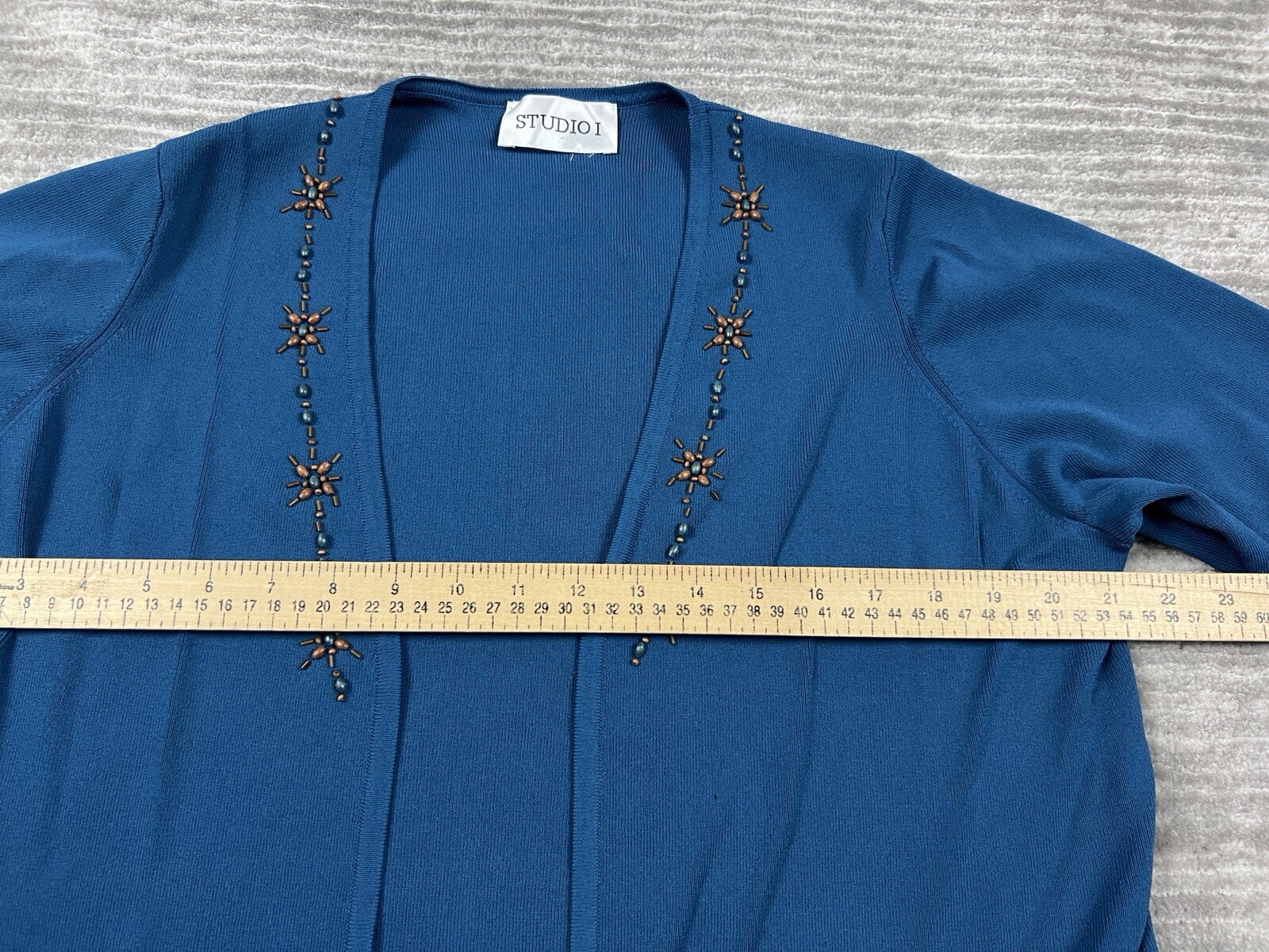 Studio I Top Womens XL Blue Beaded Cardigan 3/4 Sleeve Open Front Casual