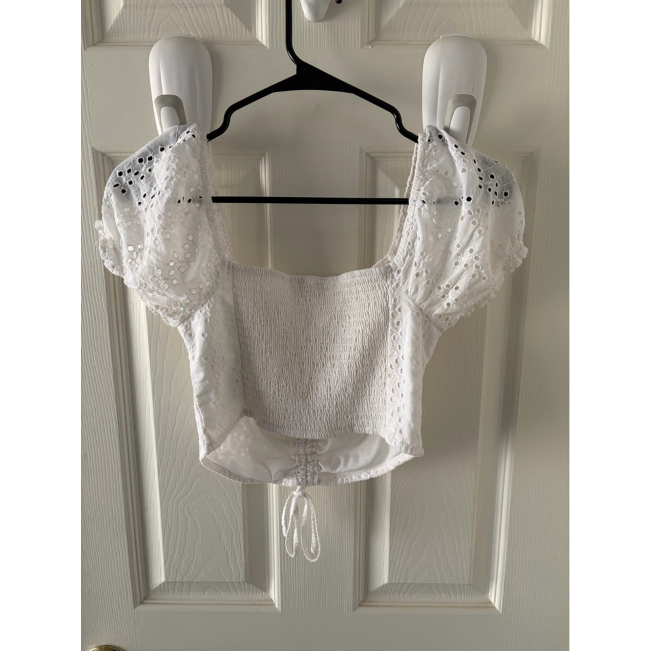 Hollister White Eyelet Drawstring Puff-Sleeve Crop Top