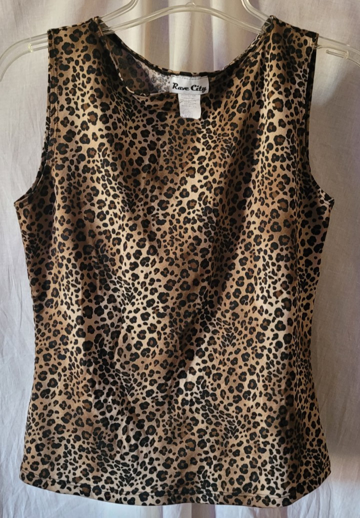 Women’s Rave City Shirt Size Large Cheeta Print Sleeveless Pullover Sassy