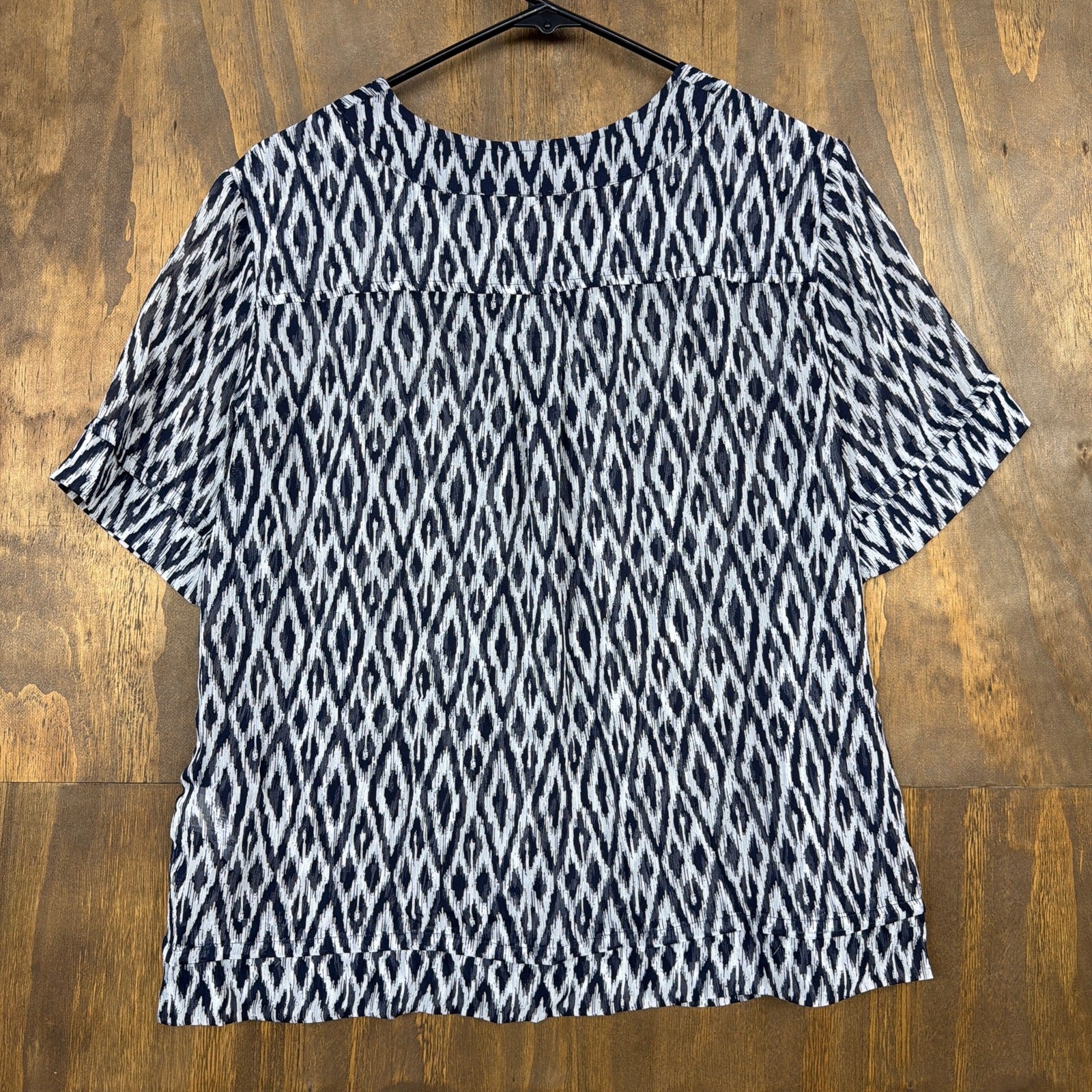 Banana Republic Womens Blouse Navy White Argyle Diamond Short Sleeve Sheer M