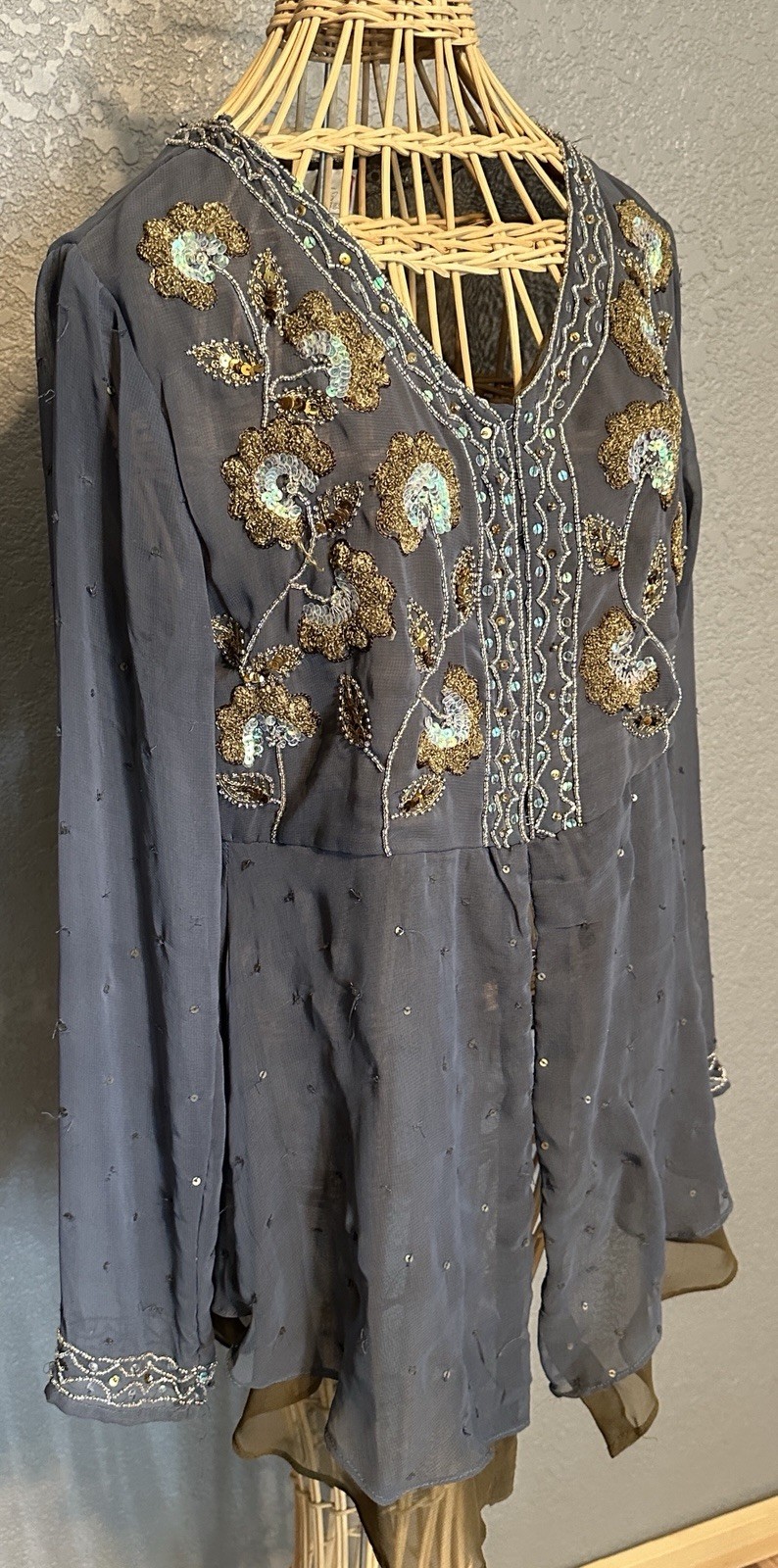 Soft Surroundings Gray Chiffon S Blouse Sequins Dark Fairy Core Whimsigoth
