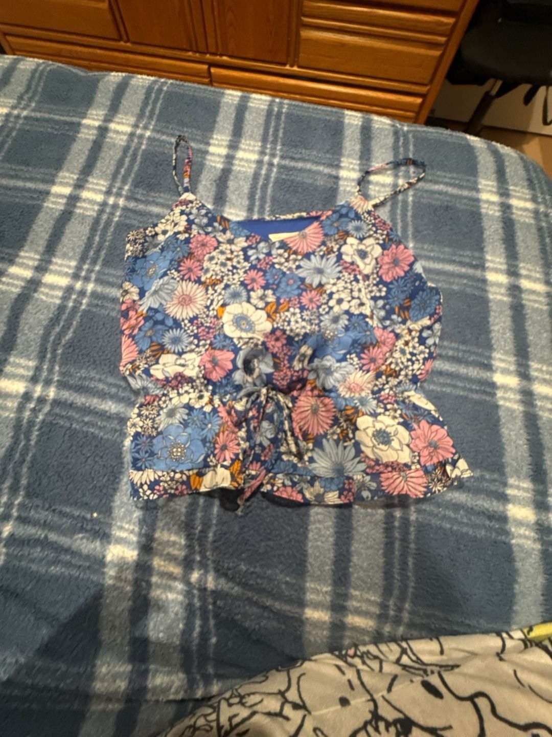 The General Good Women’s Blue Floral Spaghetti Strap Tie-Waist Peplum Cami Top