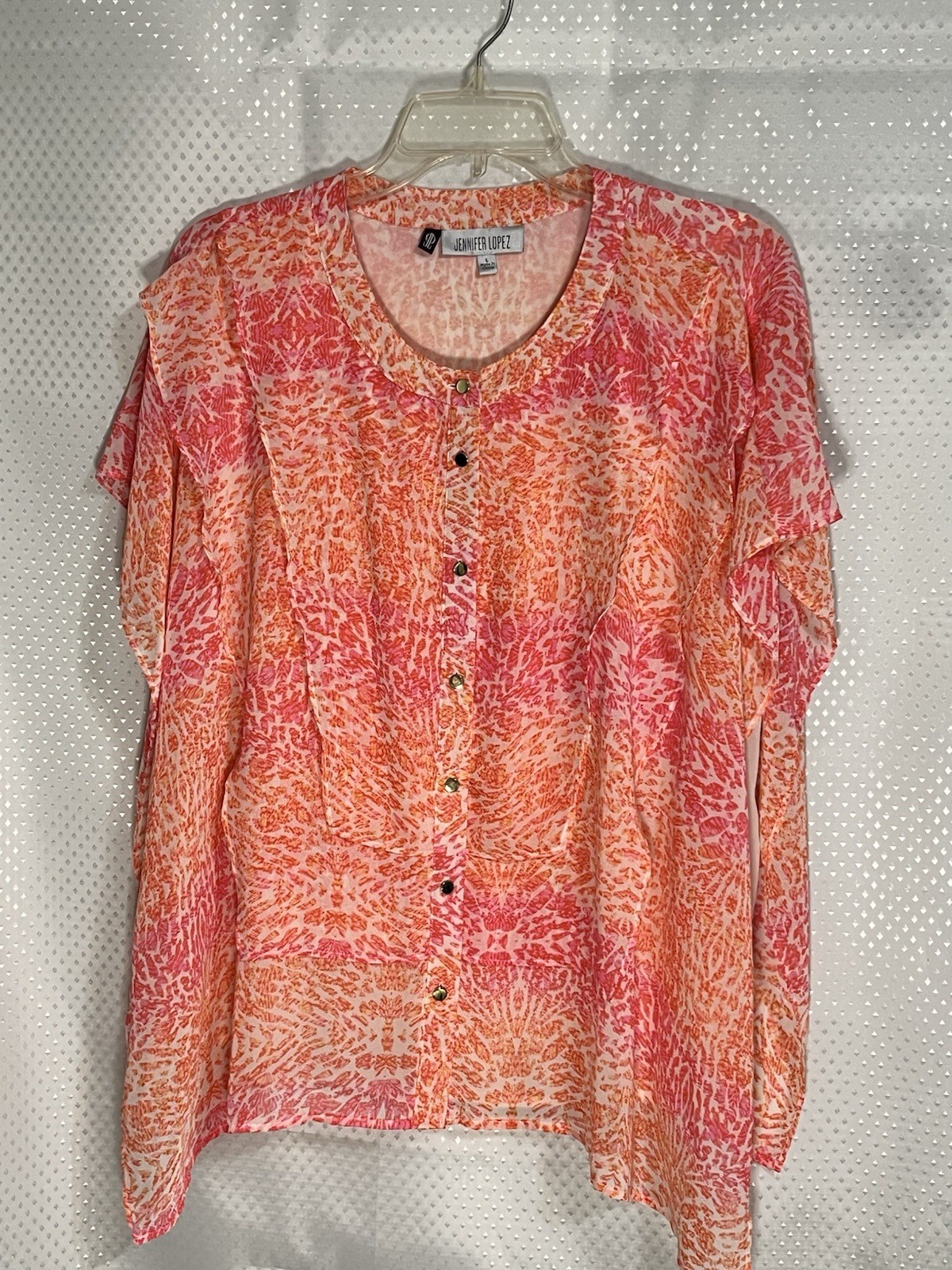 Jennifer Lopez Women’s L Pink Orange Abstract Chiffon V-Neck Button Blouse. C