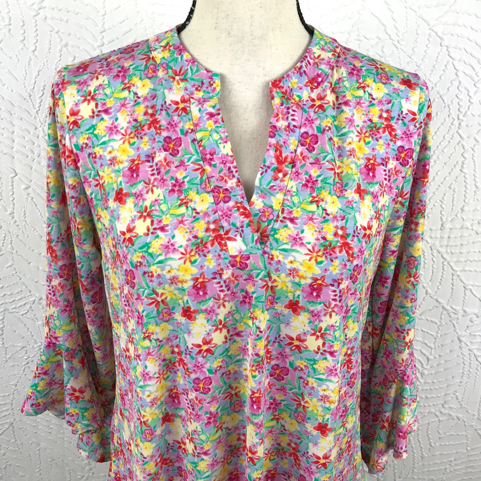 Dear Scarlett Boho Tunic Top Blouse Size S Pink Floral Bloomcore Ruffle Sleeves