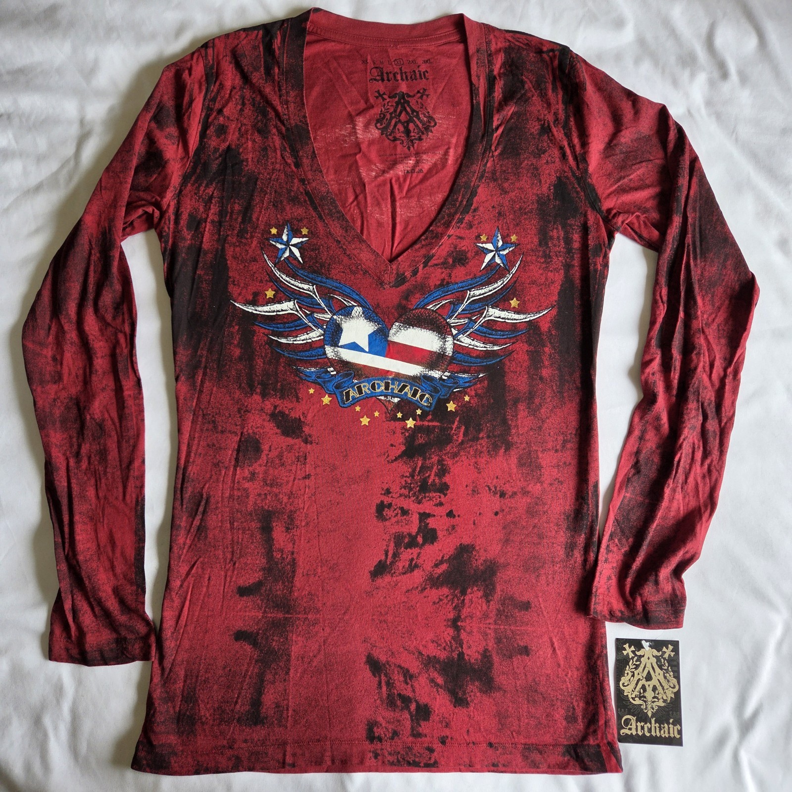 Archaic By Affliction Patriotic Y2K Grunge Bikercore Red XL Long Sleeve T-Shirt