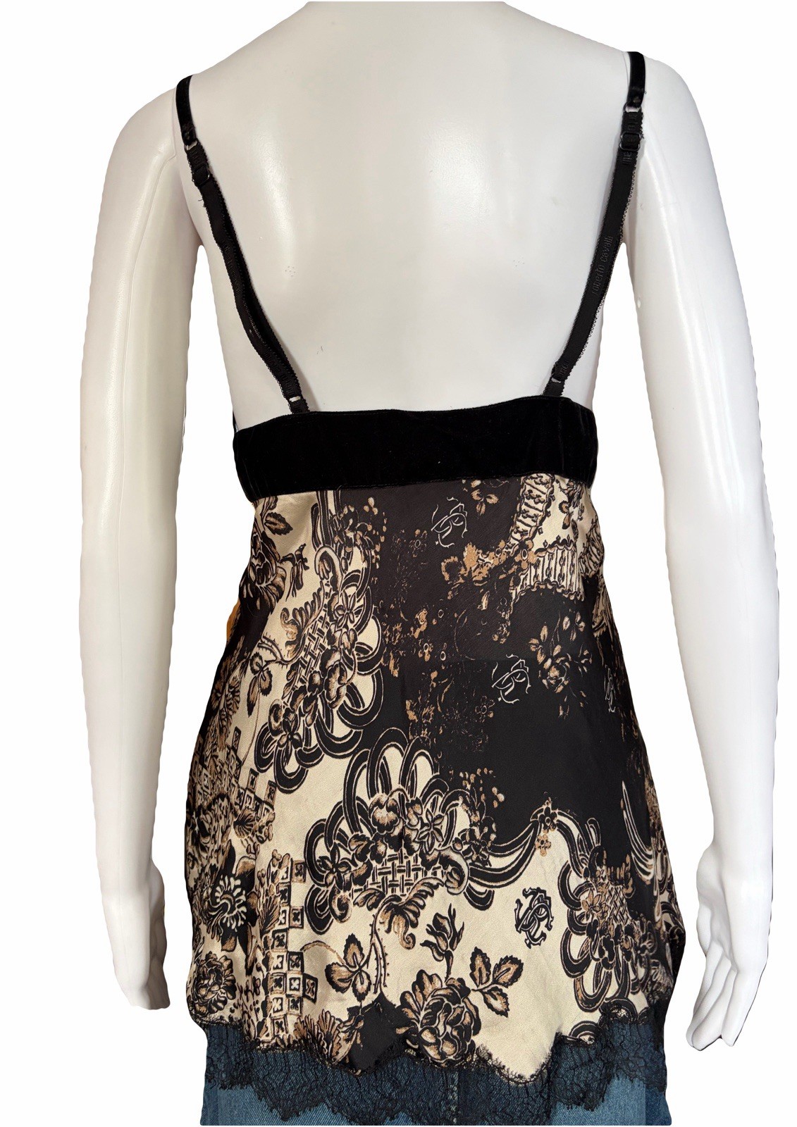 Roberto Cavalli Silk Cami Top Lace Trim Black Gold