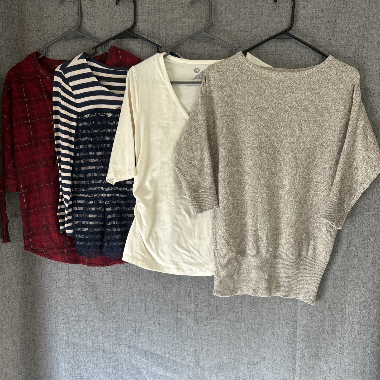 Lot Of 4 Womens Tops Brown Plaid Lace Basics Layering Preppy Sahalie Beige Small