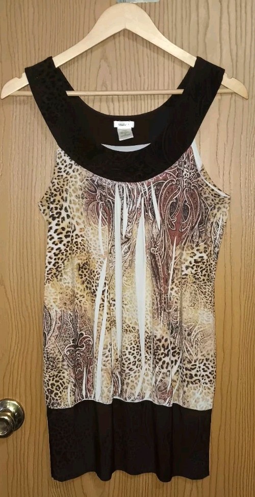 Studio Y Y2K Sleeveless Blouse Womens Size Medium Brown Leopard Print Paisley…