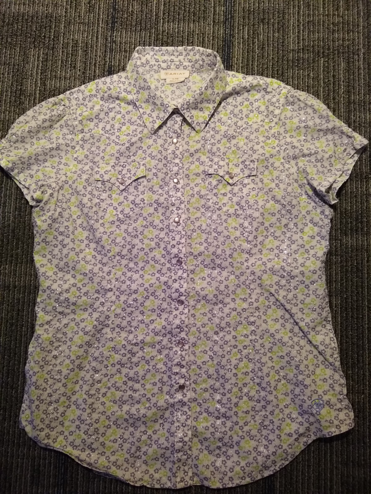 Ariat Western Shirt Women’s Size Large Pearl Snap Floral Metallic Short Sleeve