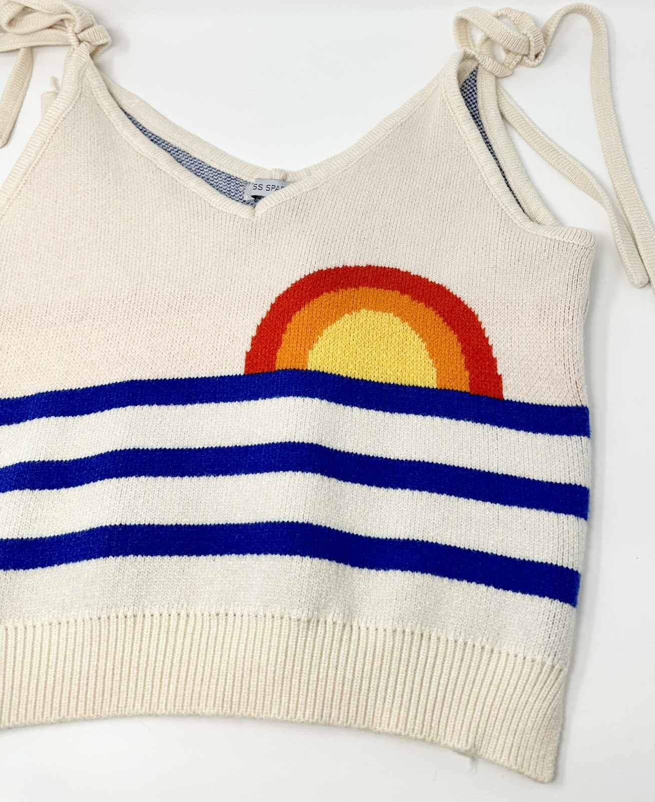 Miss Sparkling Knit Tie Tank Top Retro Sunset Rainbow Tie Strap Tank Sz L Crop