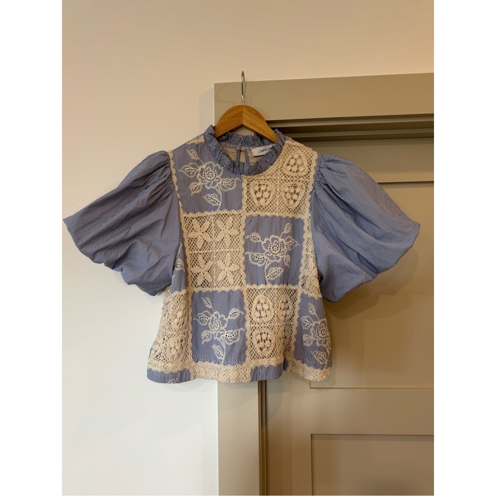 Callie Mac Blue Cream Crochet Patchwork Puff Sleeve Top