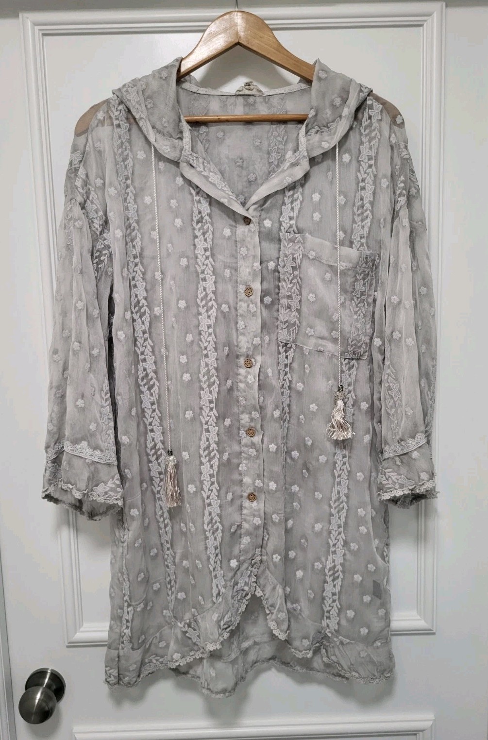 POL Sheer Hooded Embroidered Tassel Button Up Mid Length Oversized Boho Top S