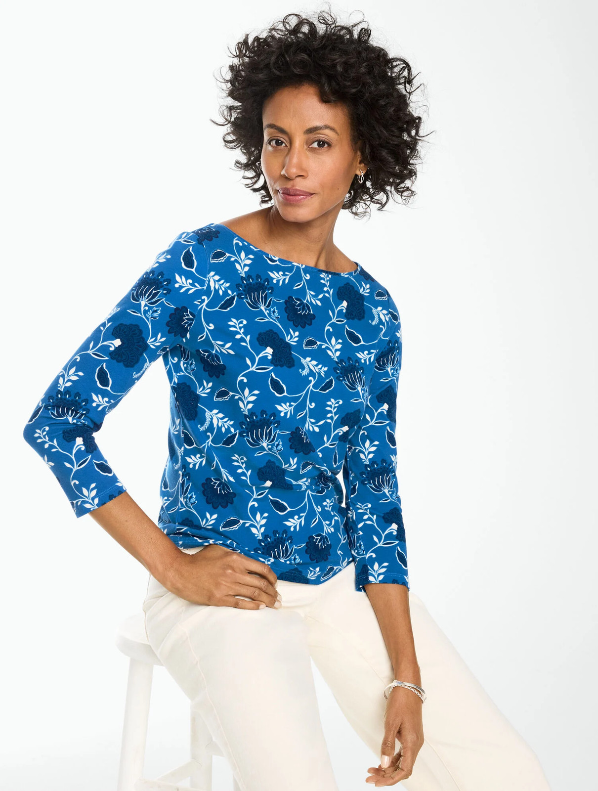 Talbots Bateau Neck Tee – Folk Floral PANSY BLUE MULTI Color, New, All Size