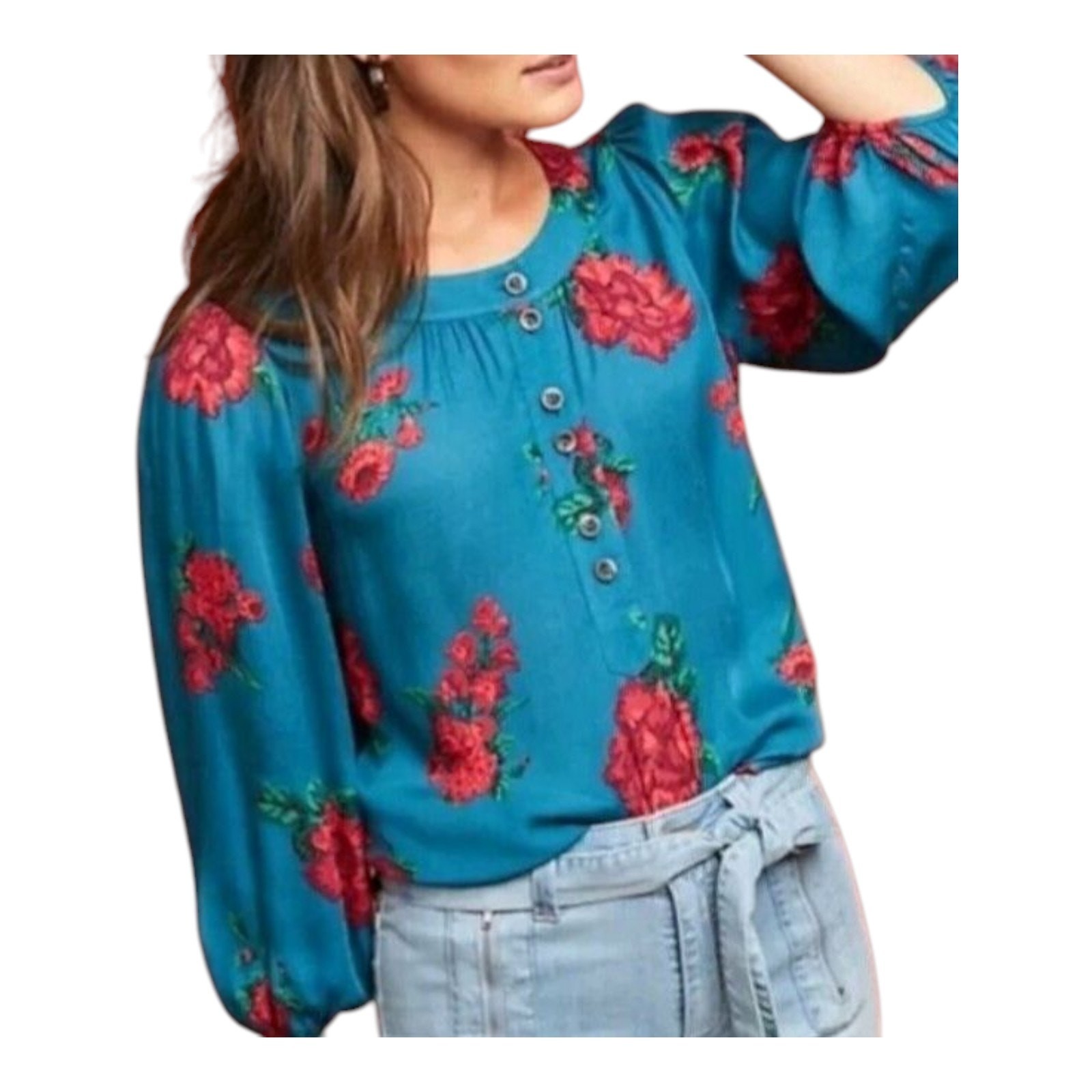 ANTHROPOLOGIE Maeve XS Kalas Blouse Top 1/2 Buttons Dark Turquoise Red Floral 38