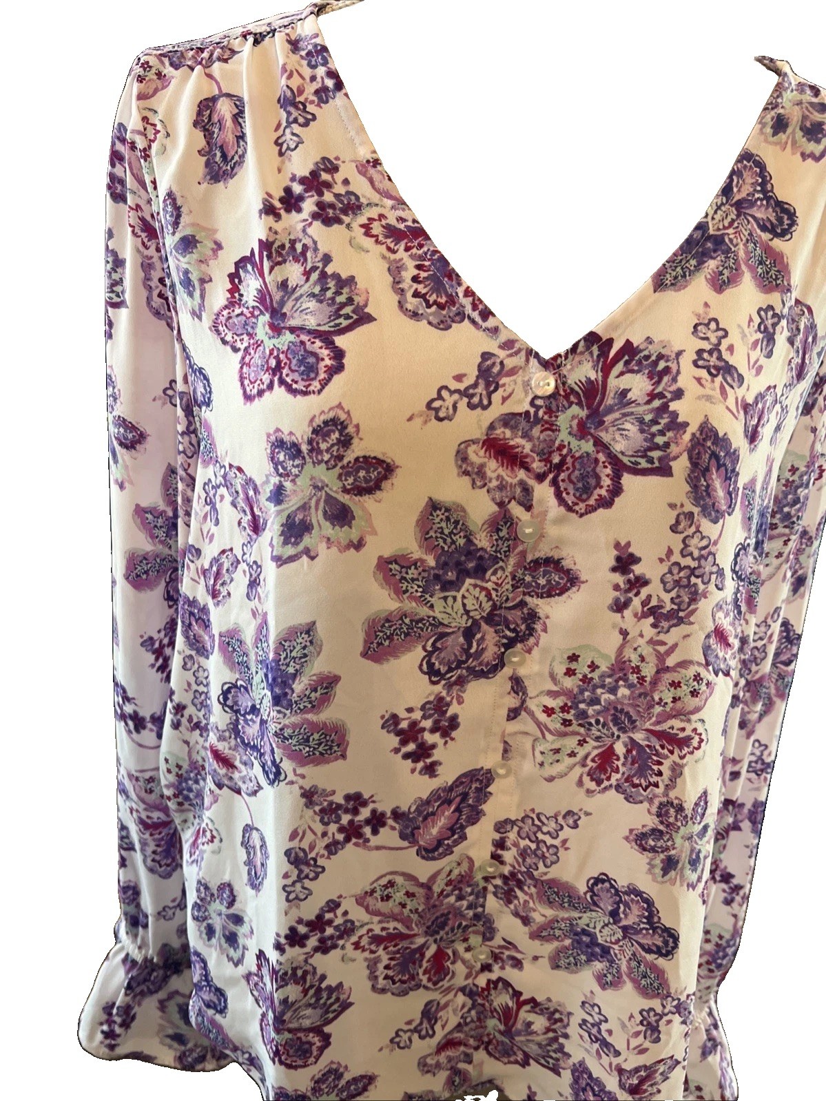 Loft L Purple Floral Pullover Blouse V Neck Long Bell Slvs 100% Rayon Washable