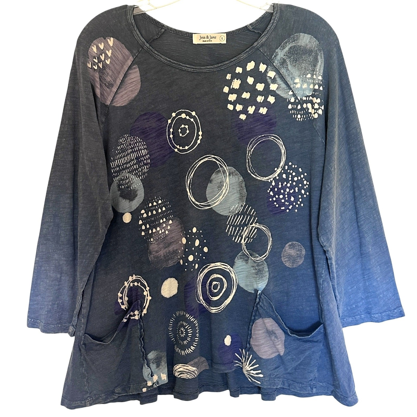 Jess & Jane Artsy Lagenlook Tunic Womens Large Blue Funky Geo Pockets Oversized