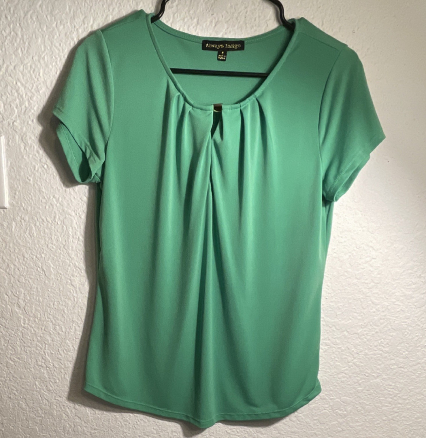 Always Indigo Green Solid Pleated Scoop Neck Short Sleeve Woven Blouse S