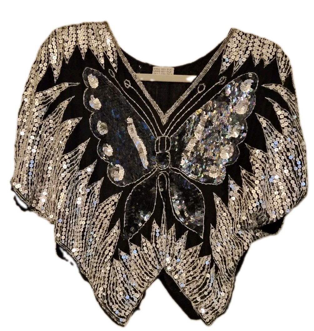 Black Sequined Silk Butterfly Top Evening Wear One Size (Not Suitable For XL)