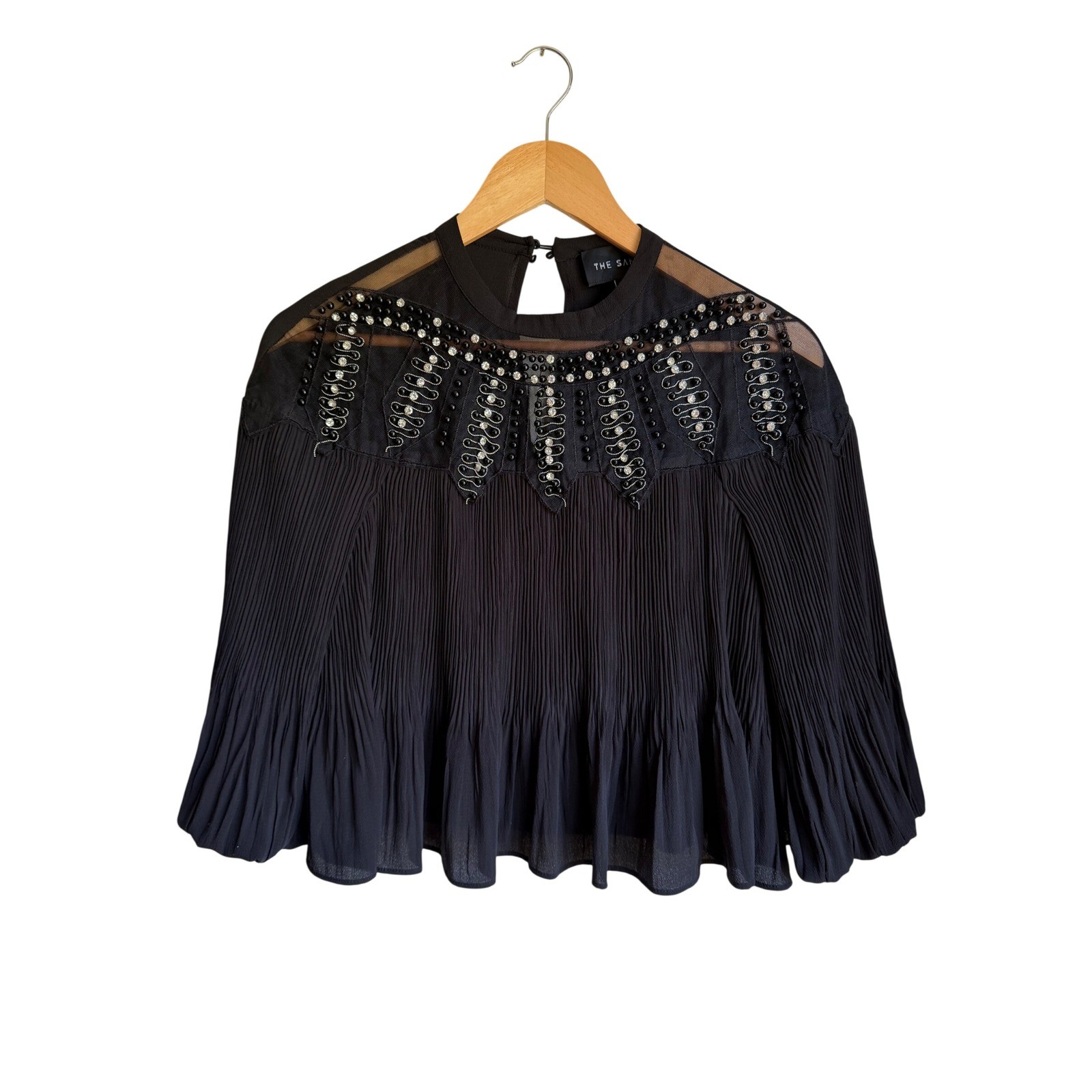 The Sang Black Pleated Beaded Mesh Yoke Blouse Mock Neck STC20055 Small