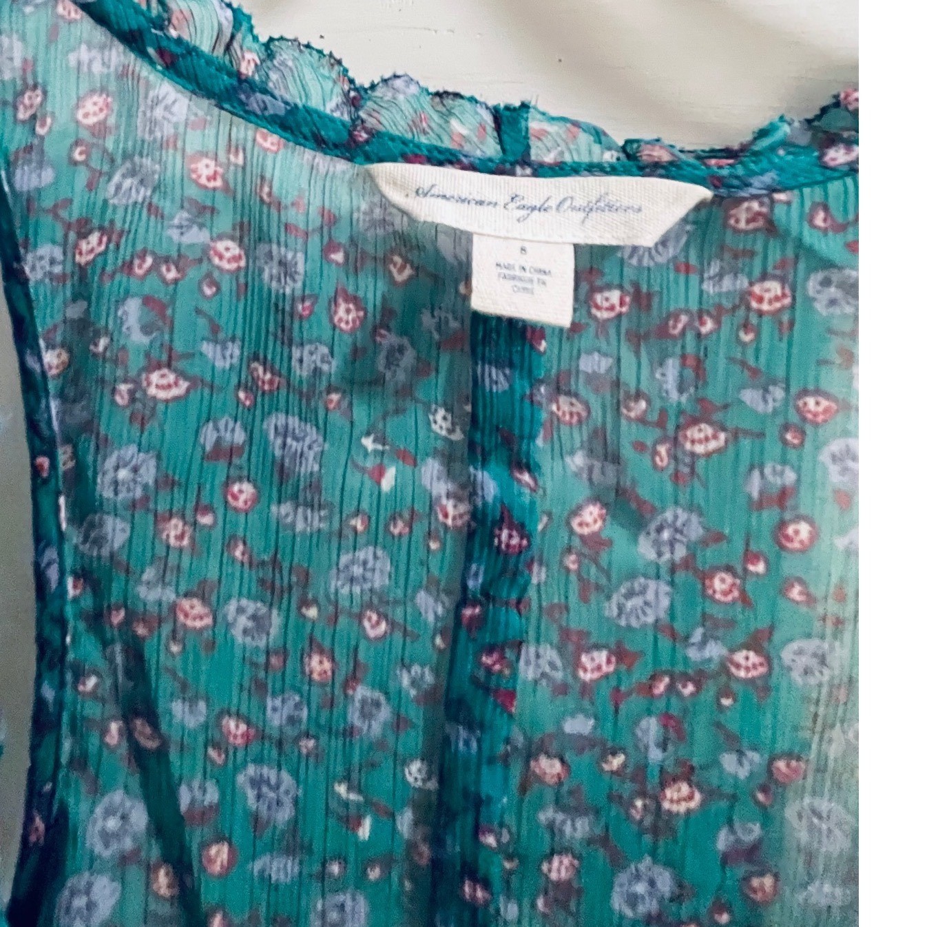 American Eagle Floral Green Sheer Ruffle Tank Top Size S Boho Racerback Pintuck