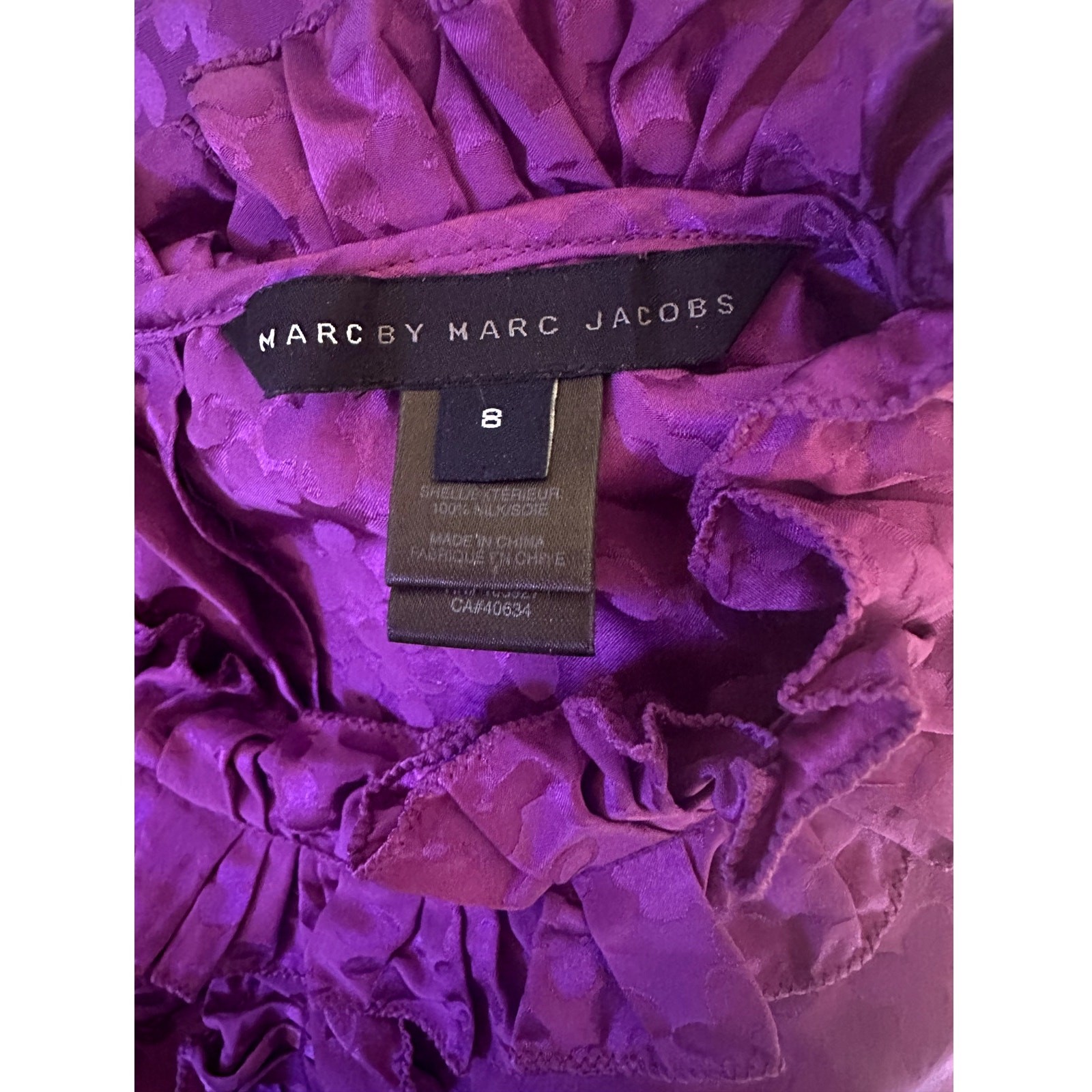 Marc by Marc Jacobs | 100% Silk Jacquard Ruffle Neck Top Sparkling Grape Sz 8