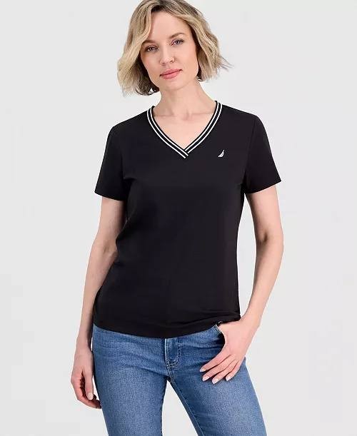 Nautica Solid Stripe‑Trim V‑Neck T‑Shirt Black XL NWT $24.99