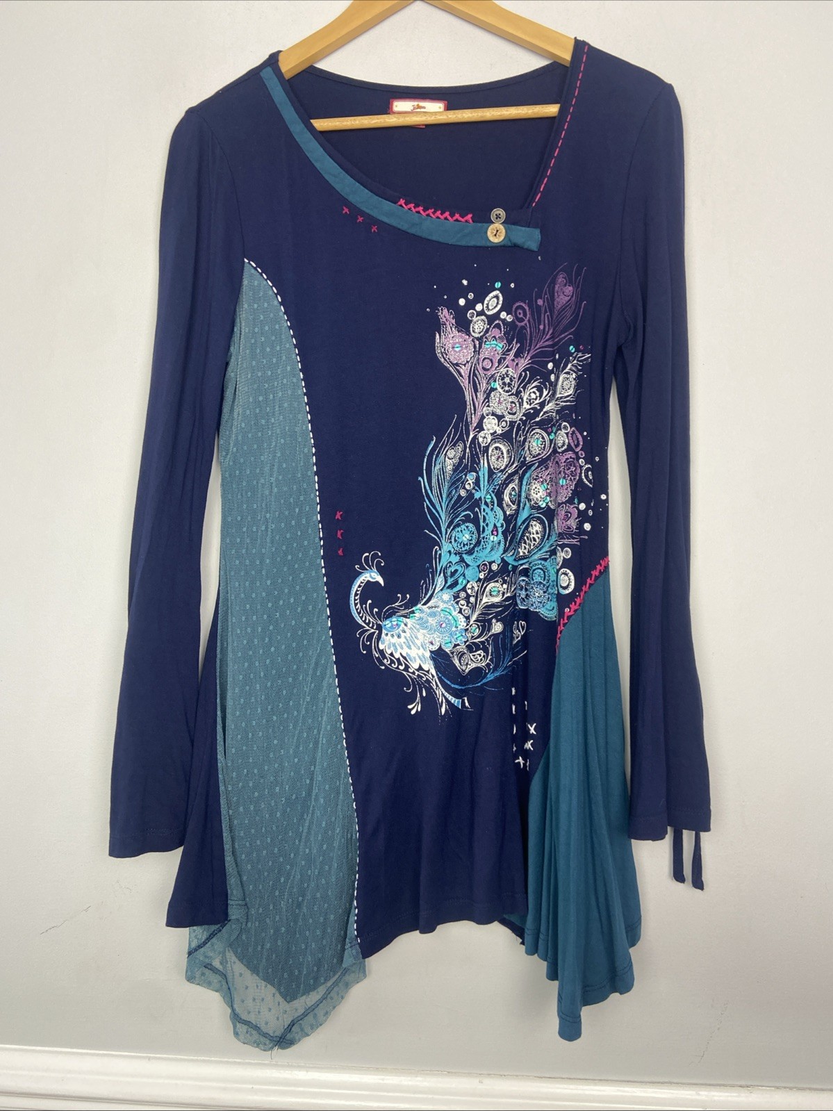 Joe Browns Top Womens Size 12 Blue Peacock Long Sleeve 90’s Y2K Floaty Gypsy