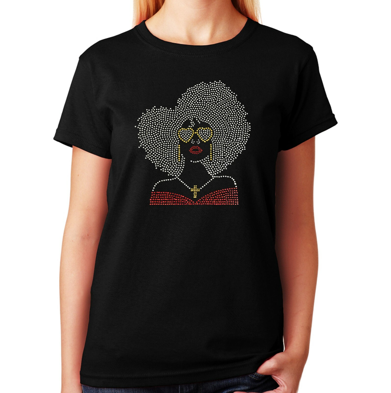 Women’s / Unisex Rhinestone T-shirt ” Big Hair Girl with Glasses ” in Sm to 3XL