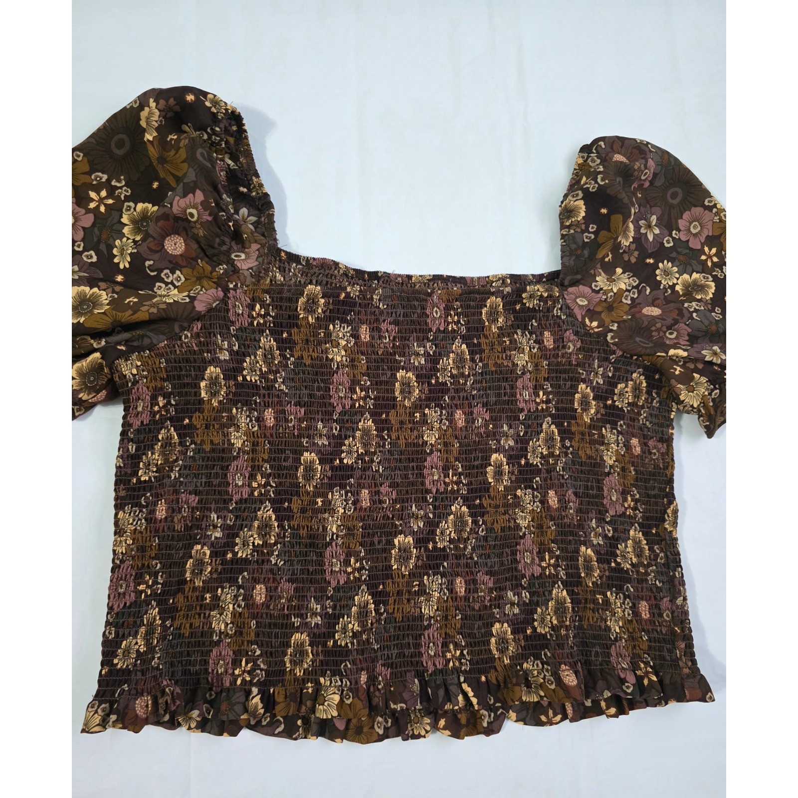 C by One Brown Floral Smocked Puff Sleeve Blouse Square Neck Top Large