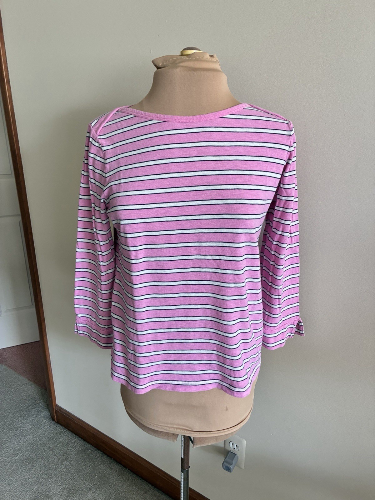 J. Crew Women’s Tee M 3/4 Sleeve Pink White Blue Boatneck