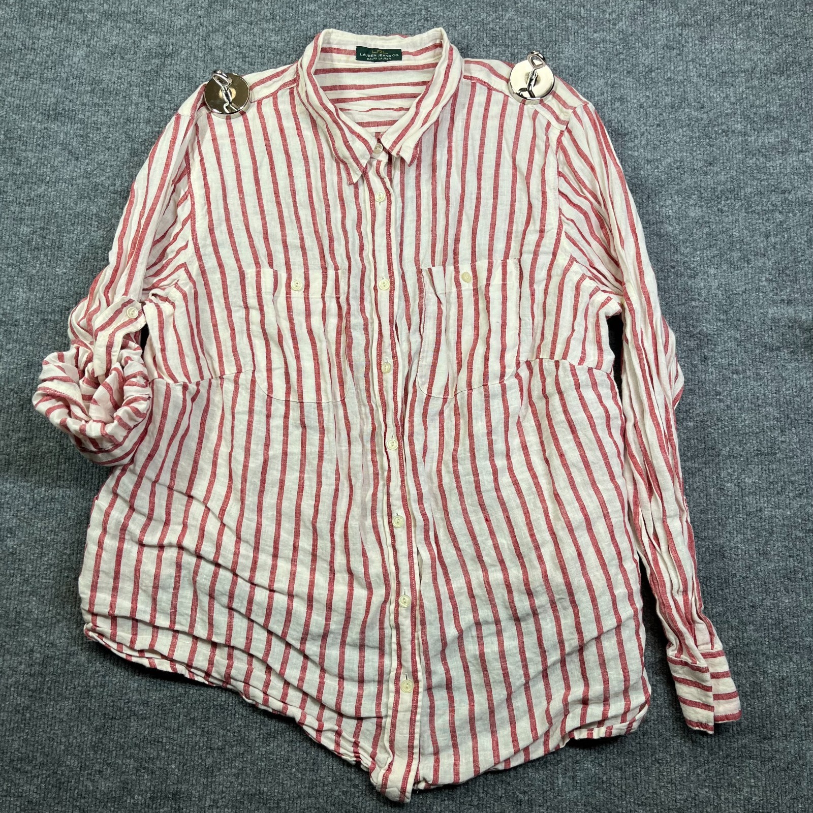 Lauren Jeans Co. Ralph Lauren Roll Tab Sleeve Shirt Women’s Red Ivory Striped