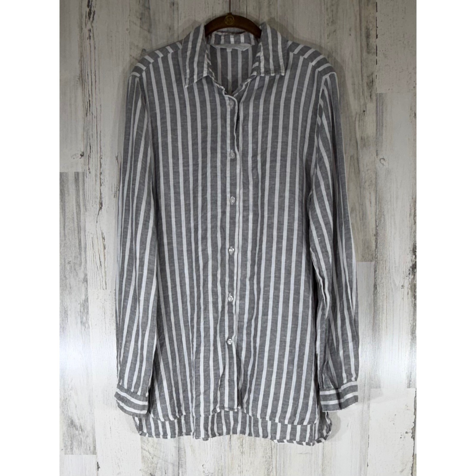Crown Linen Designs Button Down Shirt Large Gray White Striped Coastal Ukraine