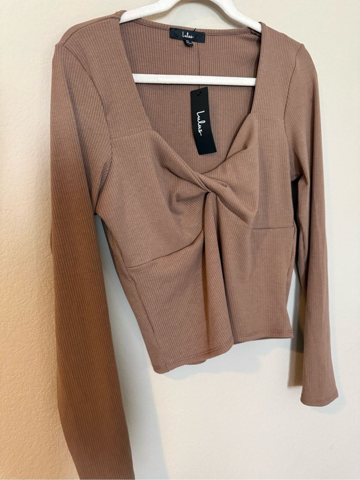 NWT Lulus Mocha Ribbed Twist Front Long Sleeve Top XL Espresso Brown