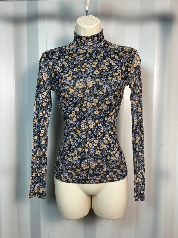 Long Sleeve Top Dynamite Floral Mesh Mock Neck Women’s XS Sheer Stretch Black Pu