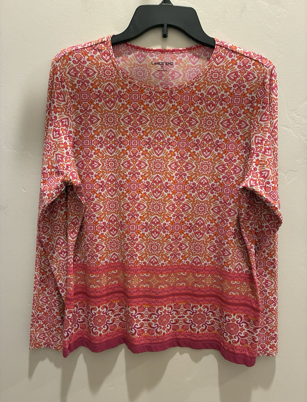 Lands’ End Women’s Pink Orange White Floral Scoop Neck Long Sleeve Top Size M