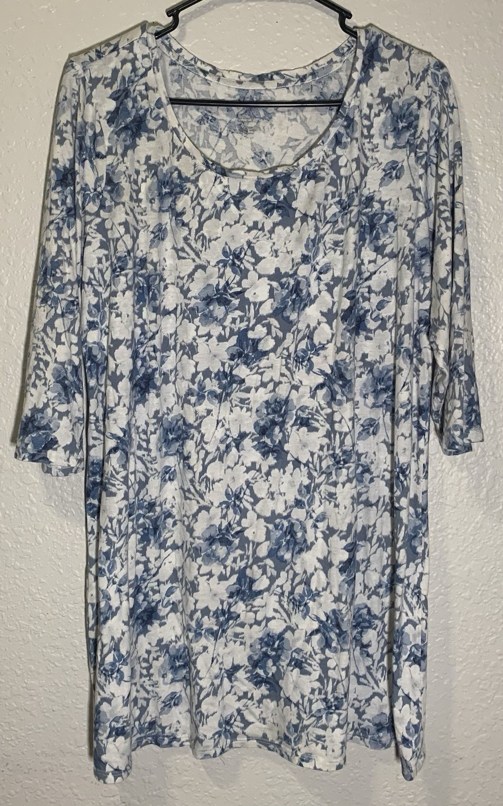 Pure Jill Ballet Sleeve tunic Top Shirt Medium Blue Floral 3/4 Sleeve Modal