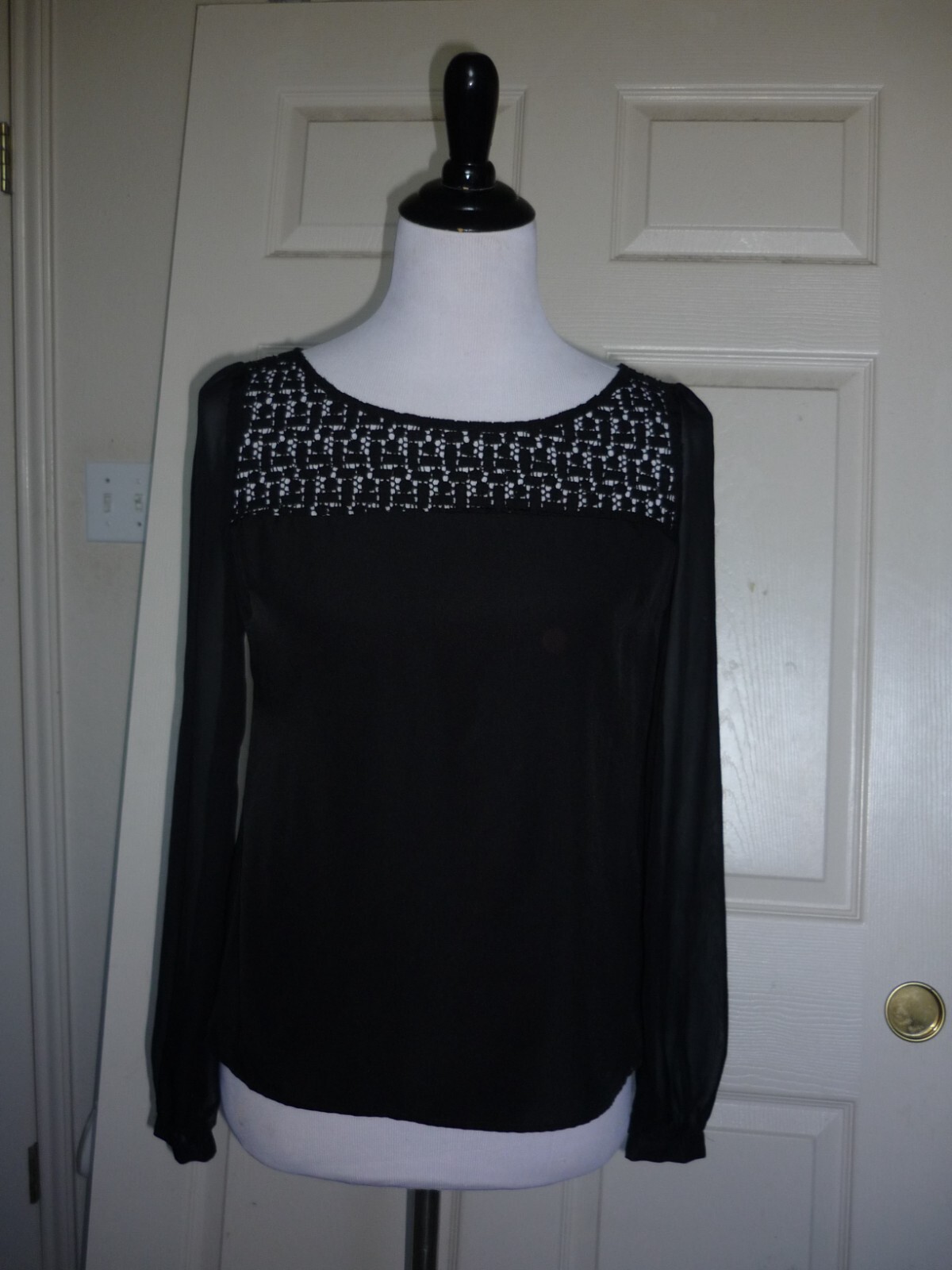 Candie’s Sheer Black Draped Shirt Blouse Top, Long Sleeves, Embroidered, Sz S