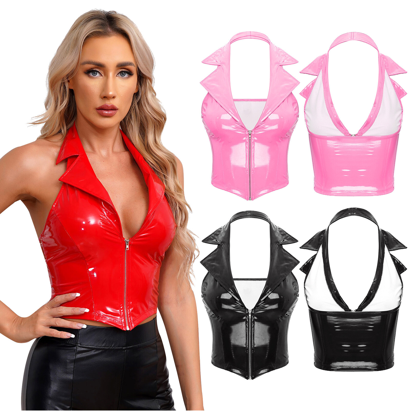Freebily Women’s Sexy Halter V Neck Sleeveless Backless Crop Tank Top Latex Vest