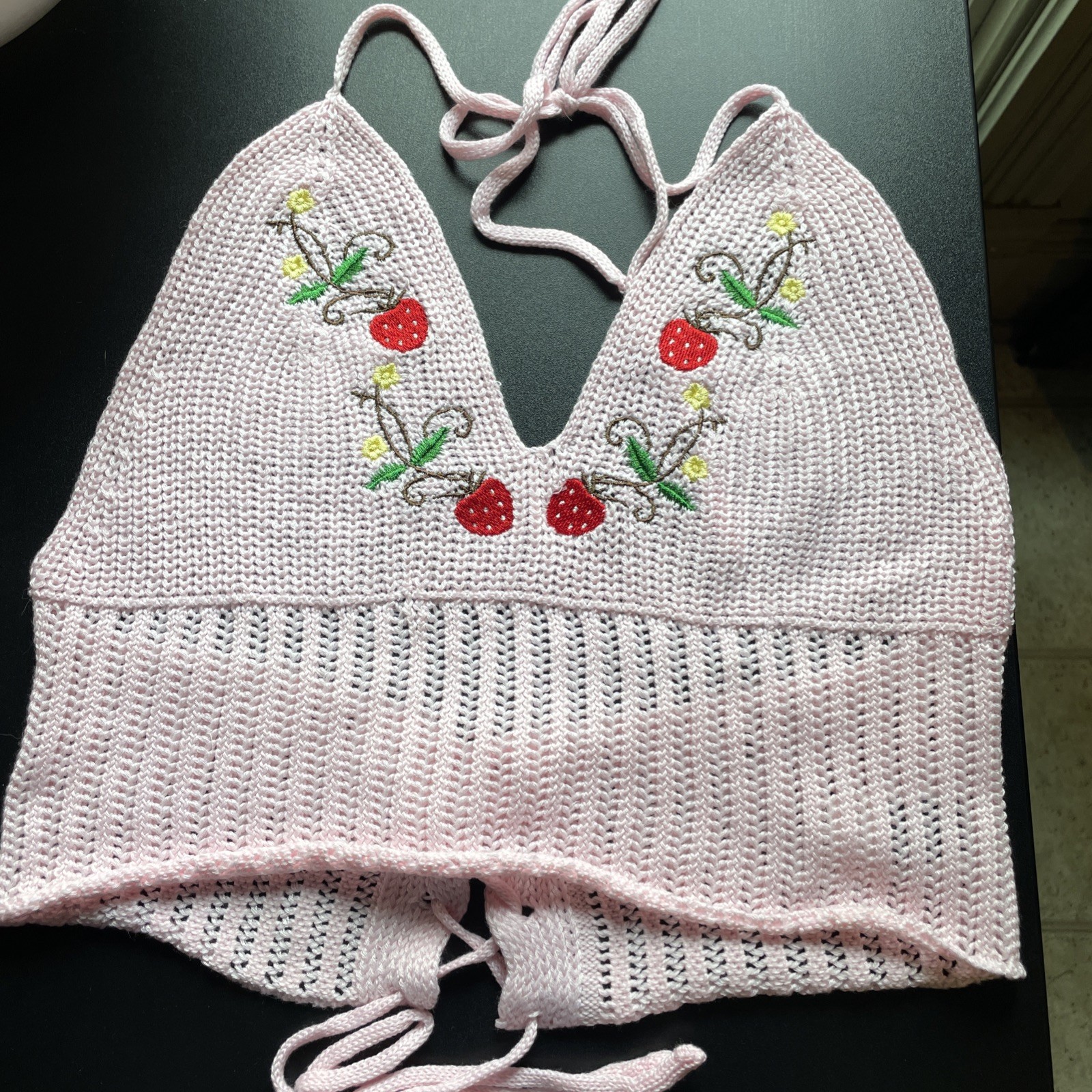 Shein Curve Size OXL Women’s Pink Knit Top with Strawberry Embroidered Accents