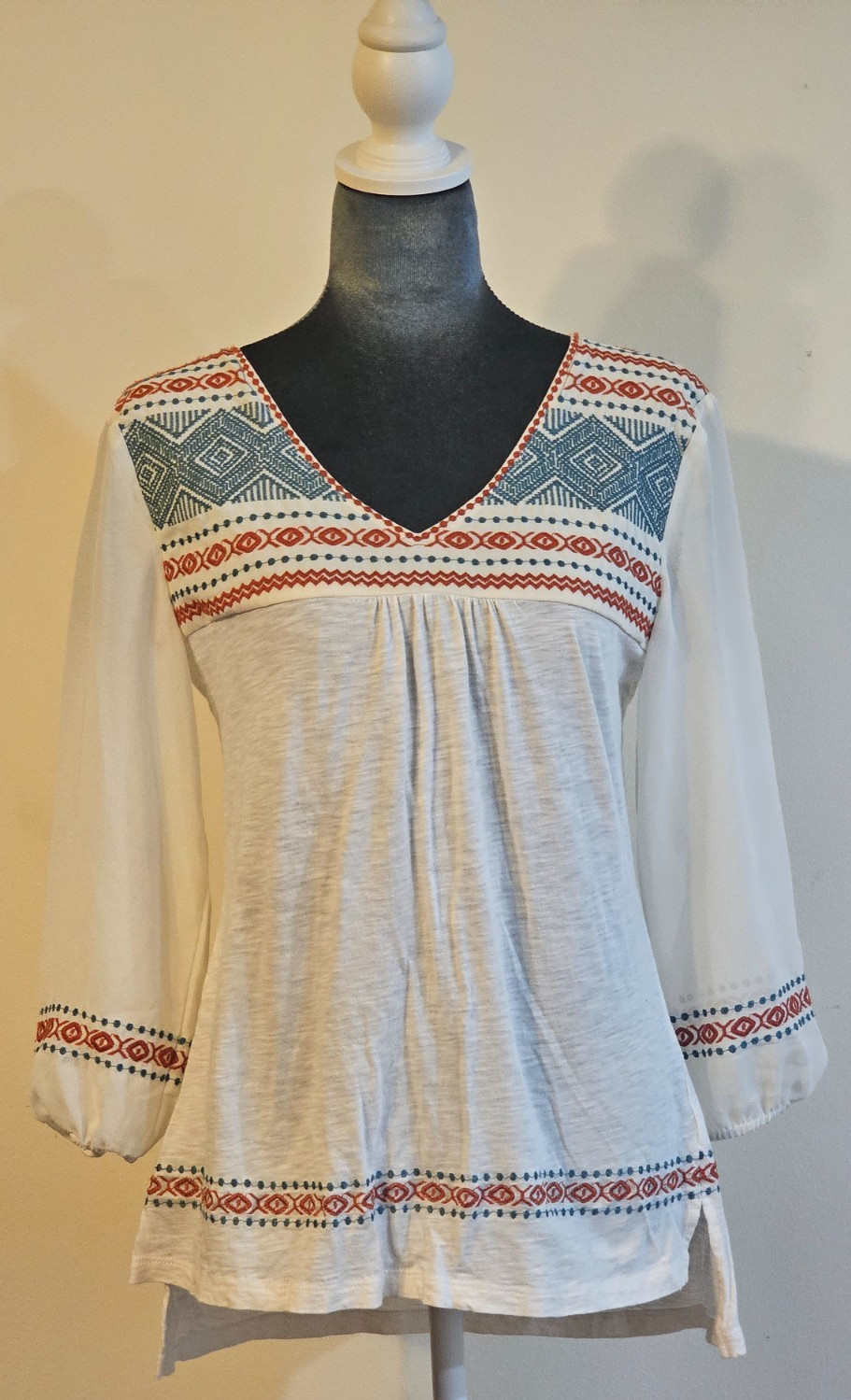 Women’s Size S, THML, White, V Neck, Mesh Sleeved BoHo Shirt,
