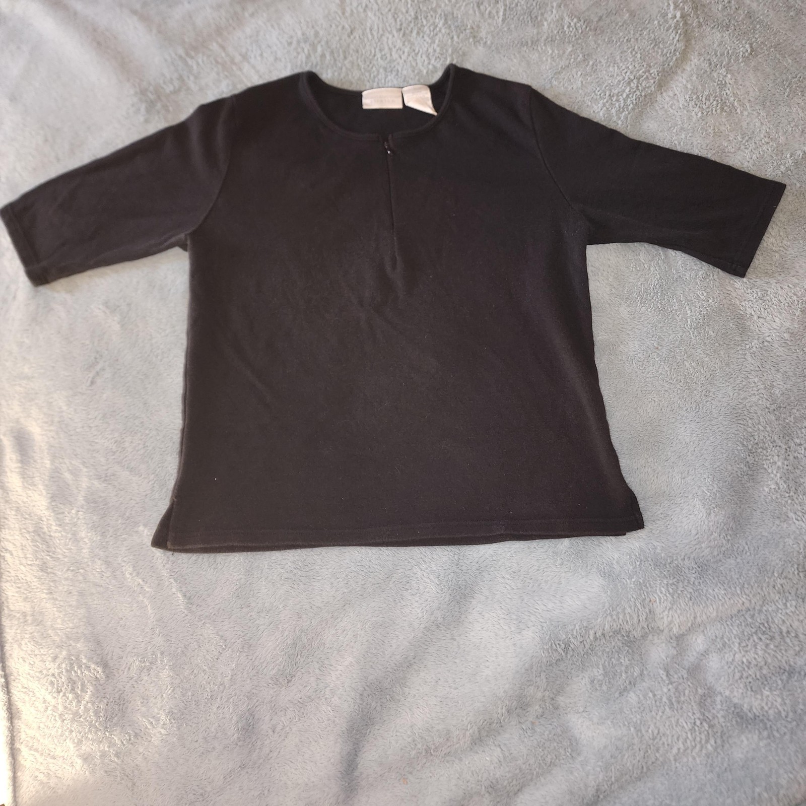 Worthington Shirt Womens Large Black Stretch 3/4 Sleeve Keyhole Zip Crew Neck