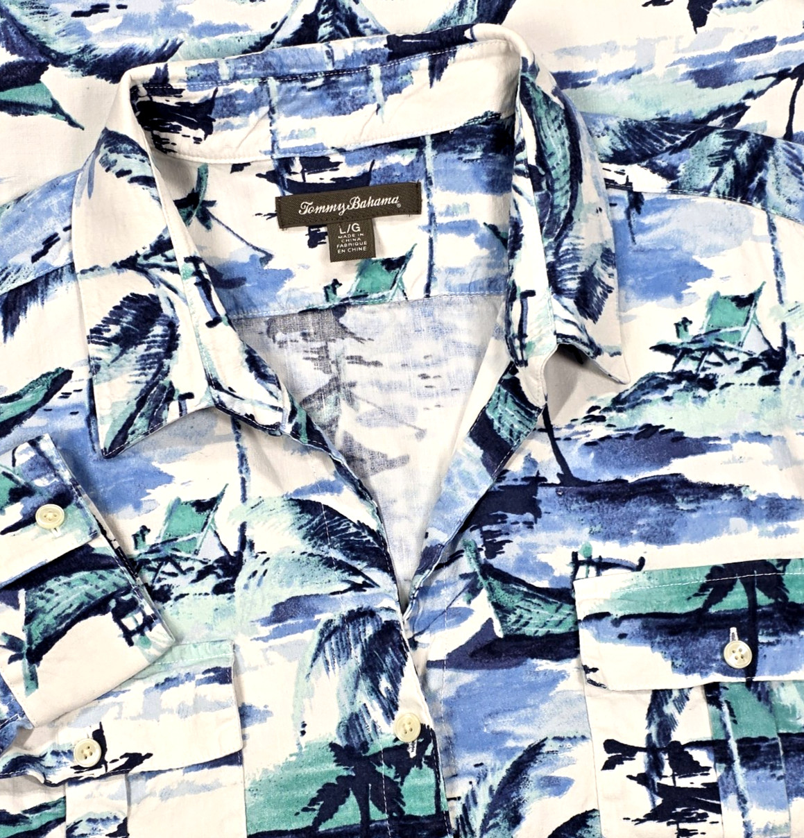 Tommy Bahama Womens L Linen Blend Floral Tropical Shirt Stretch Roll tab Sleeve