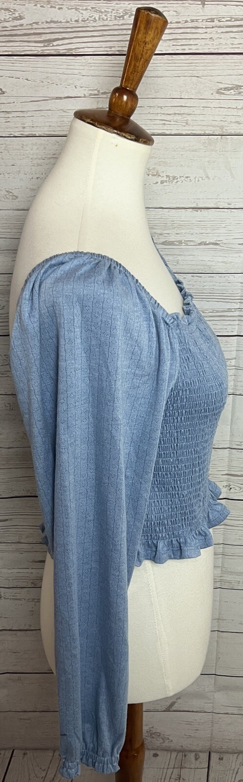 SO Crop Top Peasant Boho Solid Blue Long Sleeve Size L