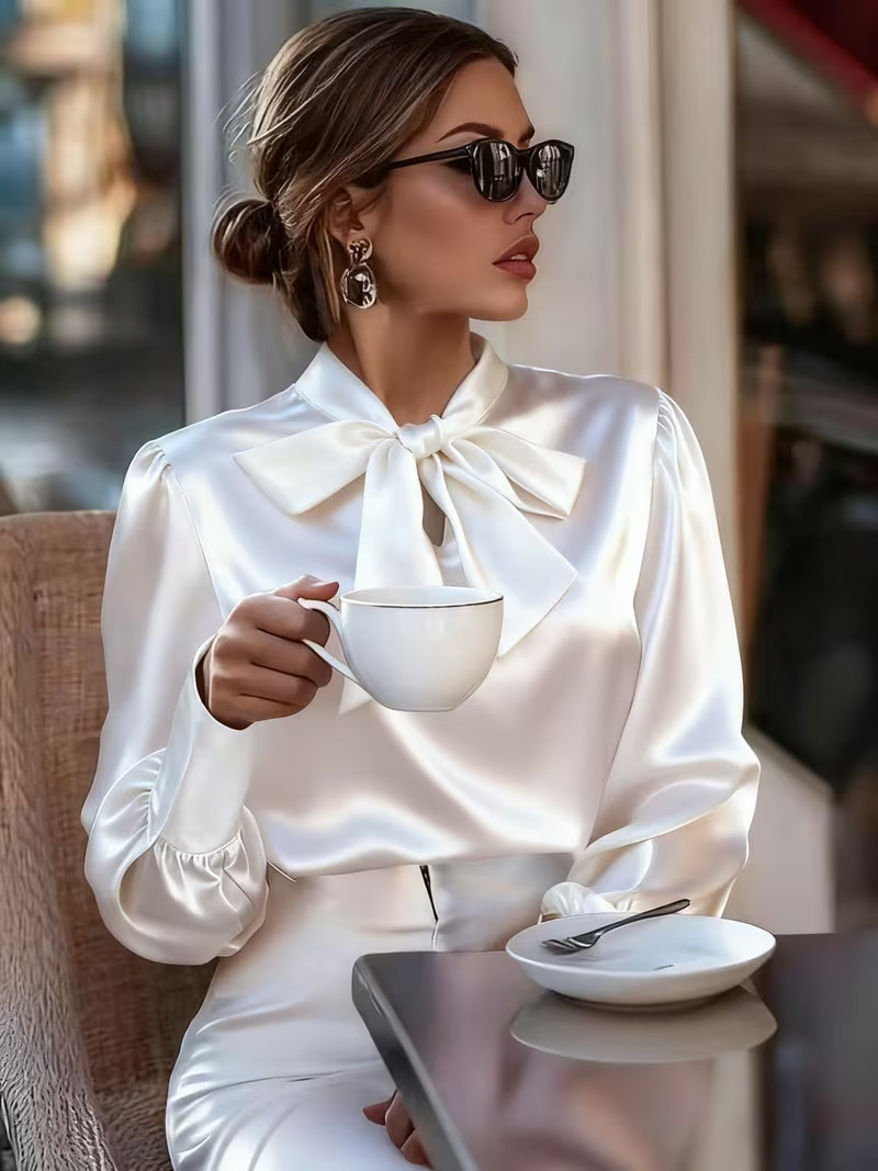 New White Silky Satin Long Sleeve Pussy Bow Secretary Blouse Plus 2XL